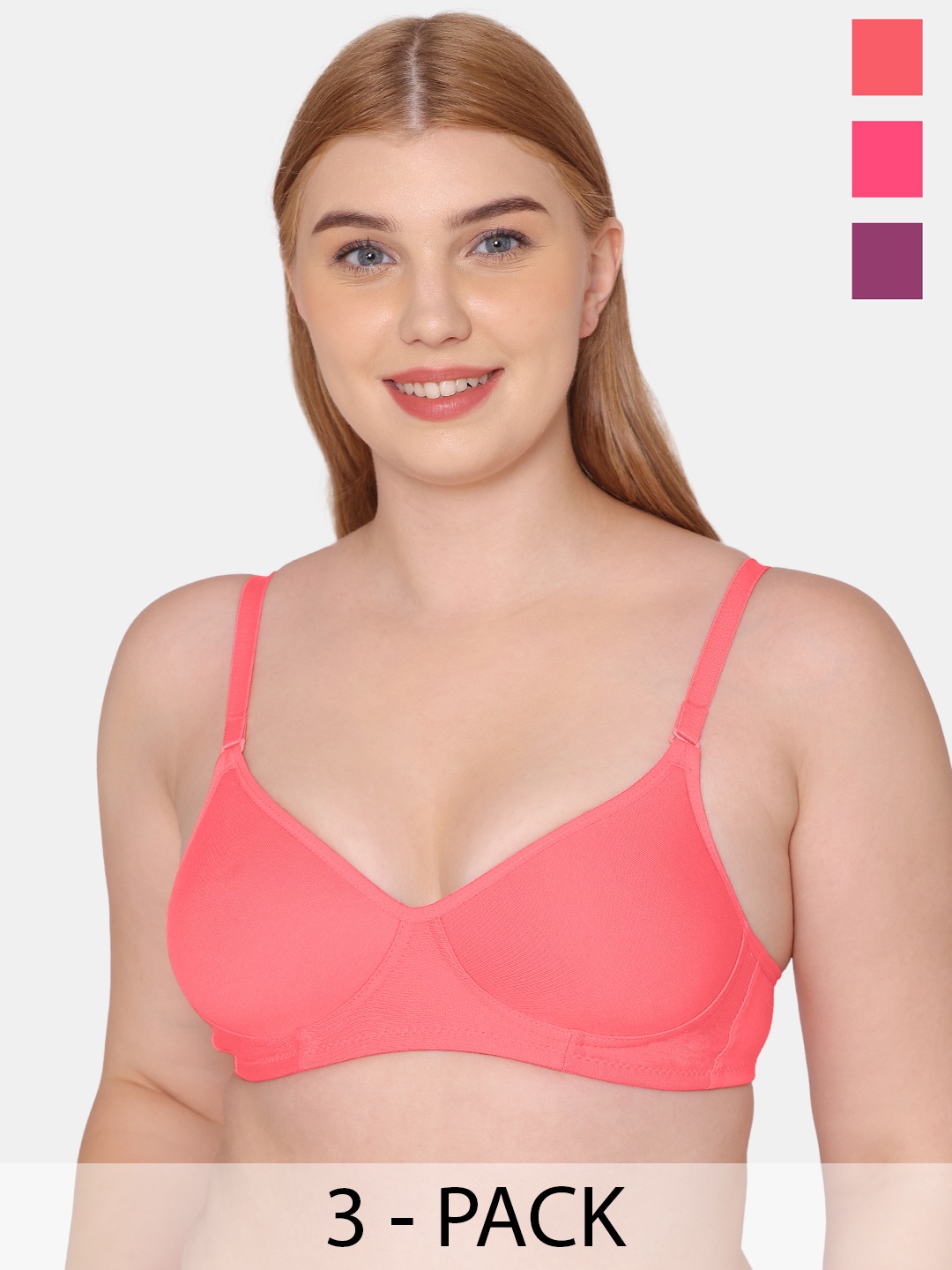 KOMLI Pack Of 3 Full Coverage All Day Comfort Cotton T-shirt Bras, Pink