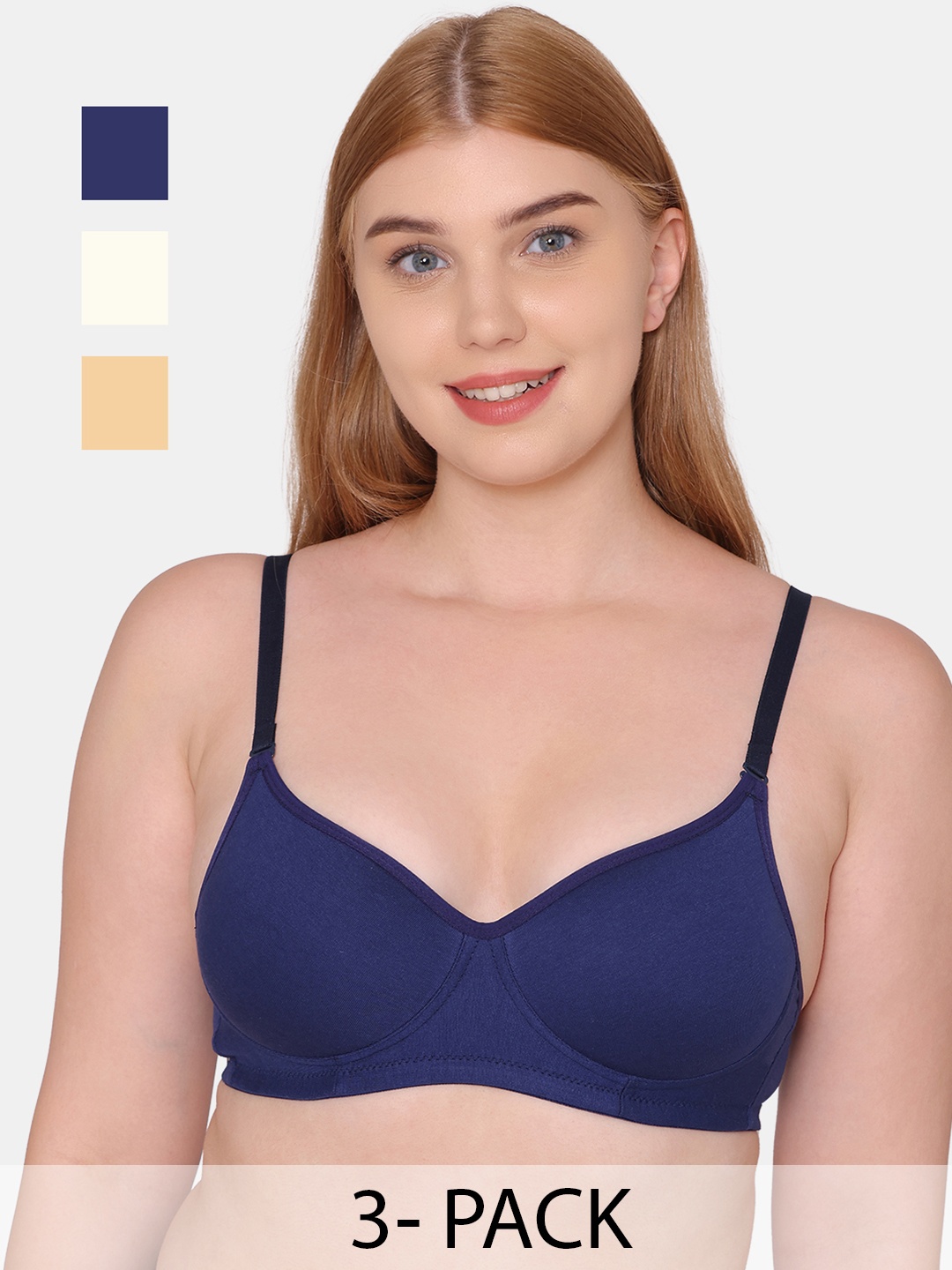 

KOMLI Pack Of 3 Full Coverage Lightly Padded Bra All Day Comfort, Blue