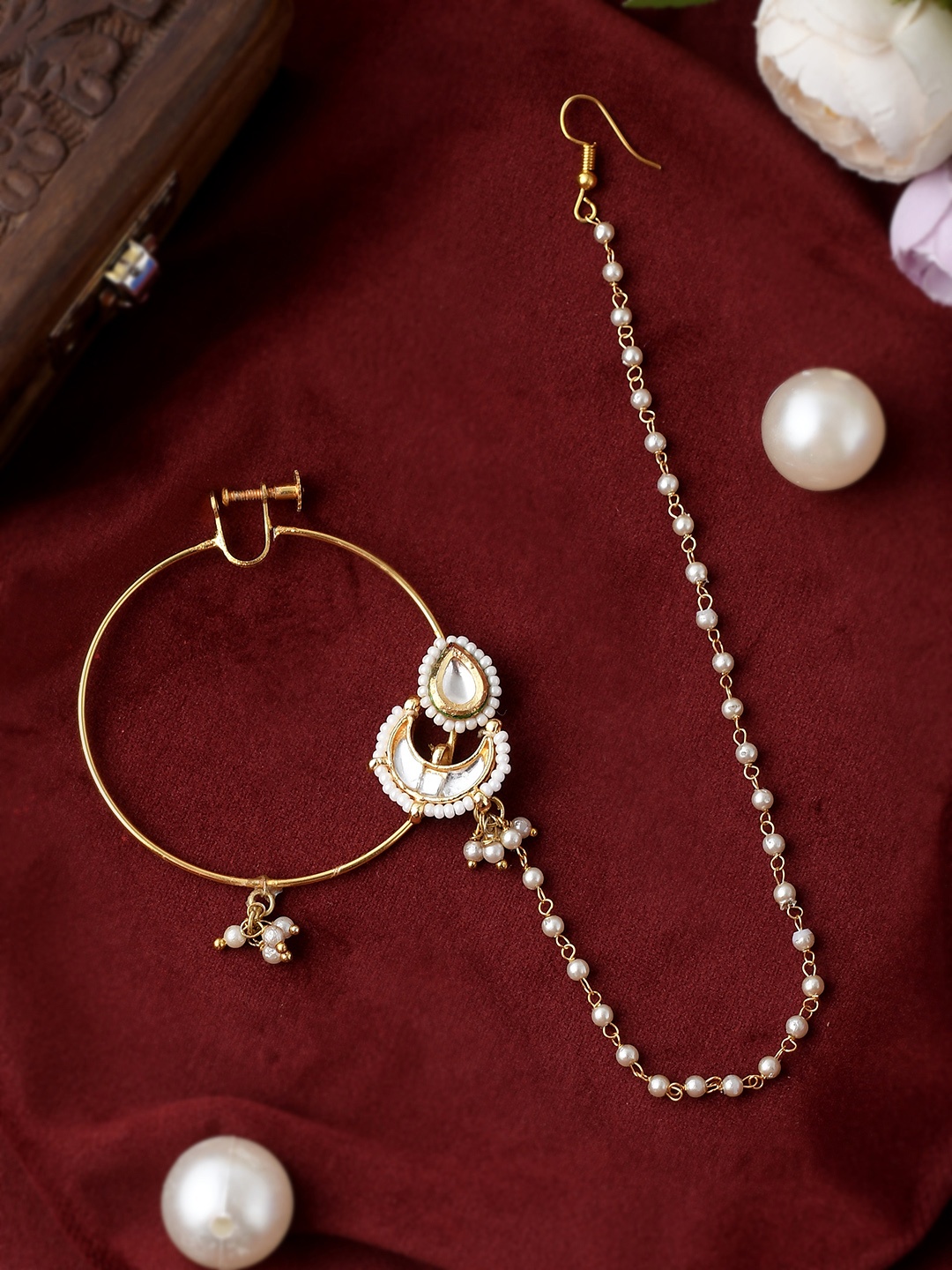 

Shoshaa Gold-Plated Kundan Studded & Beaded Nose Ring With Beaded Extension