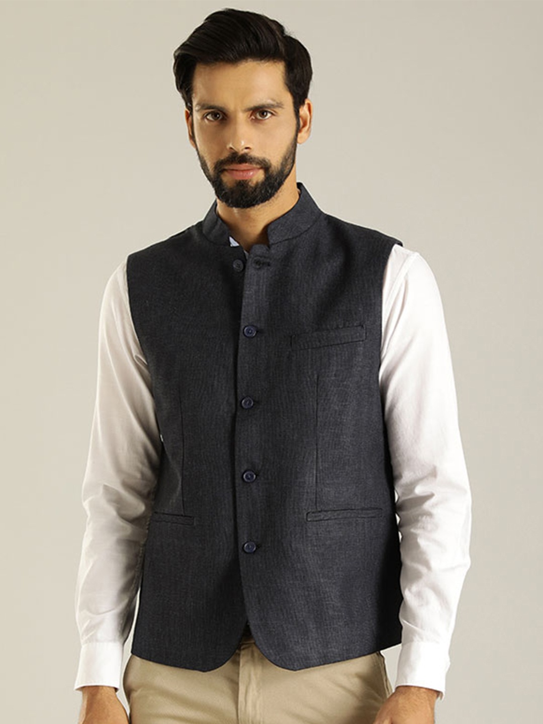 

Indian Terrain Sleeveless Woven Nehru Jacket, Navy blue