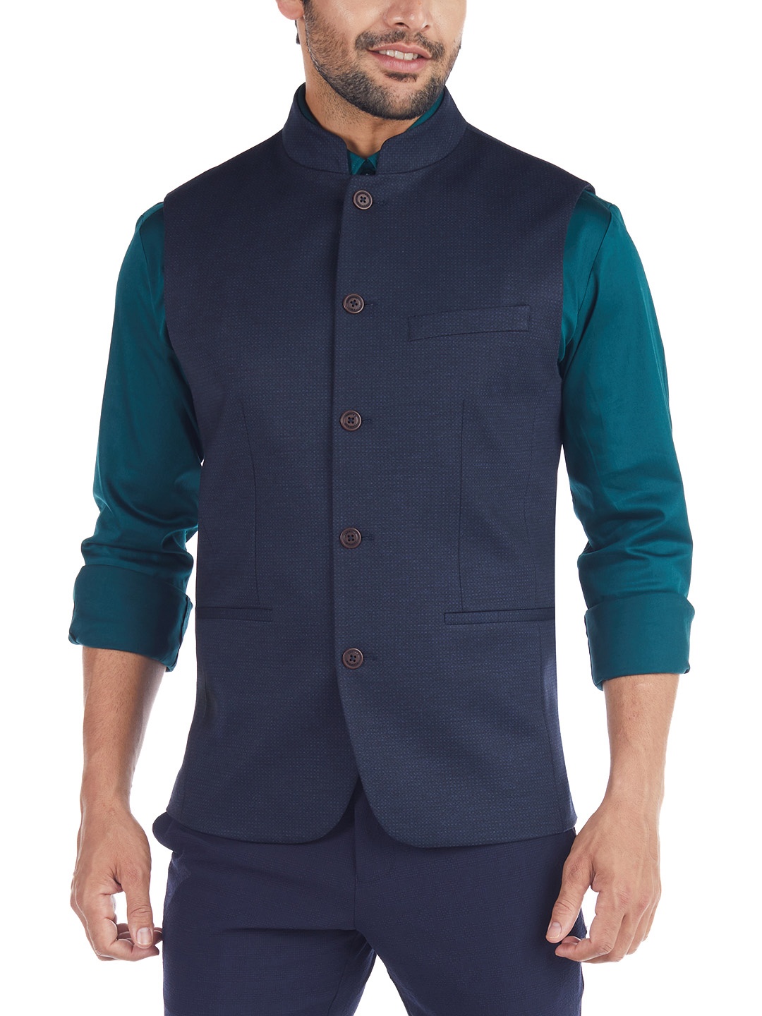 

Indian Terrain Sleeveless Woven Nehru Jacket, Navy blue