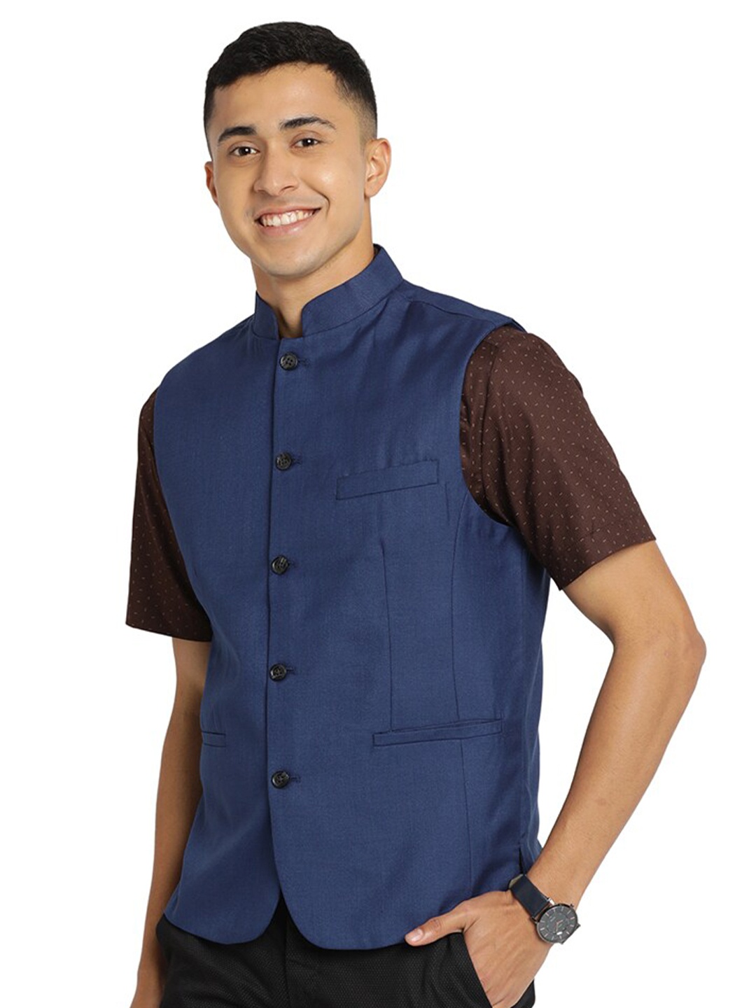 

Indian Terrain Woven Nehru Jacket, Navy blue