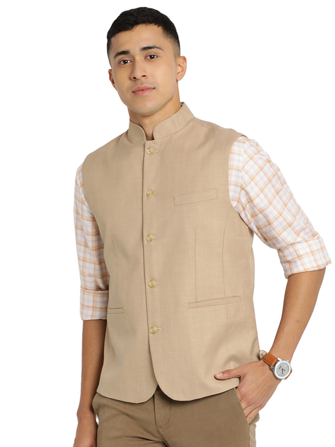 

Indian Terrain Mandarin Collar Nehru Jacket, Khaki