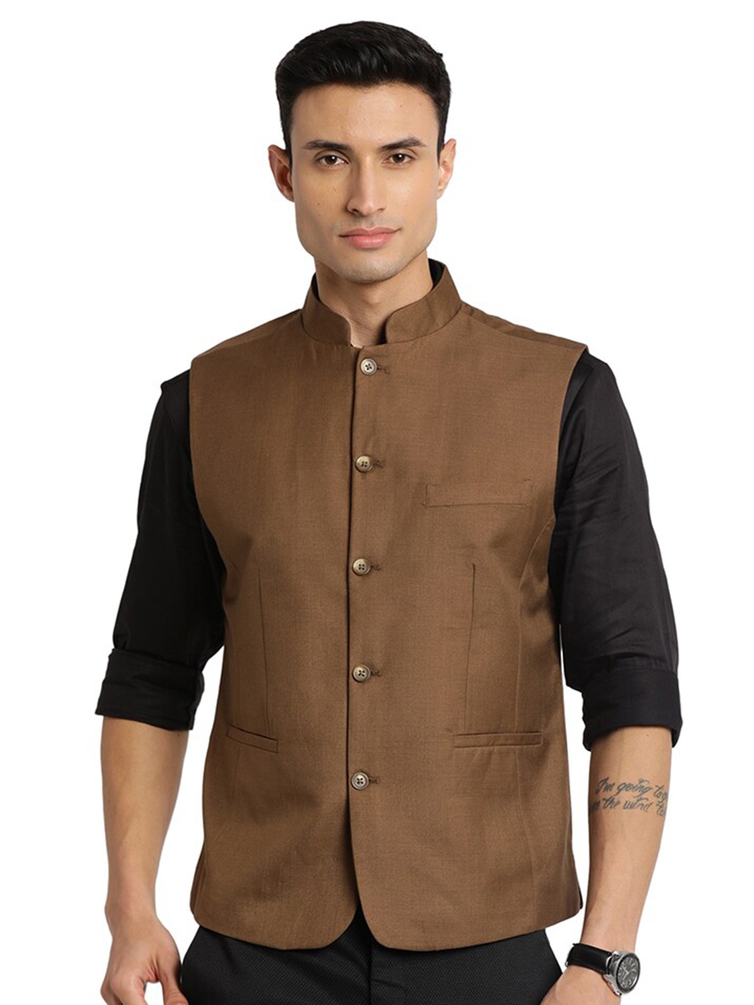 

Indian Terrain Sleeveless Woven Nehru Jacket, Brown