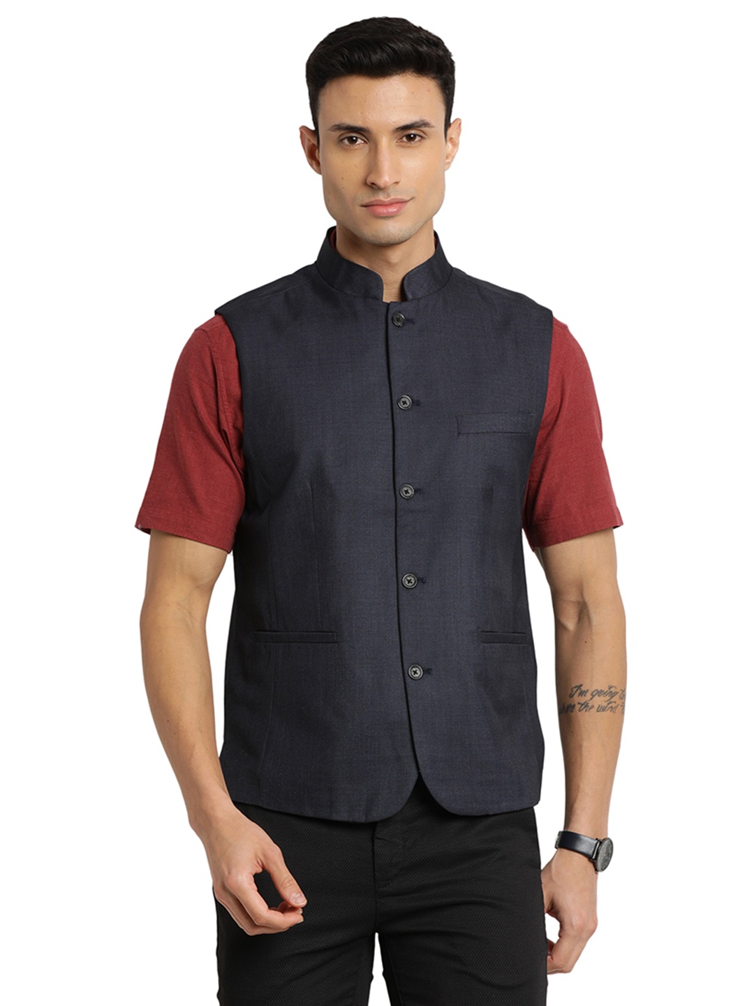

Indian Terrain Sleeveless Woven Nehru Jacket, Navy blue