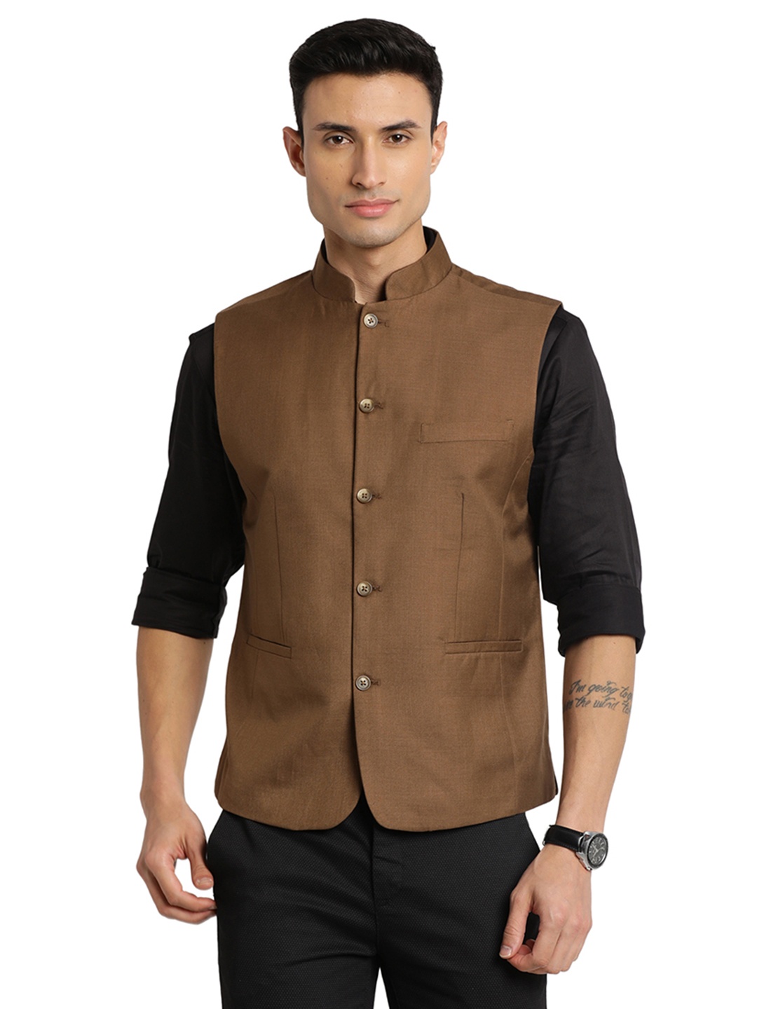 

Indian Terrain Sleeveless Woven Nehru Jacket, Brown