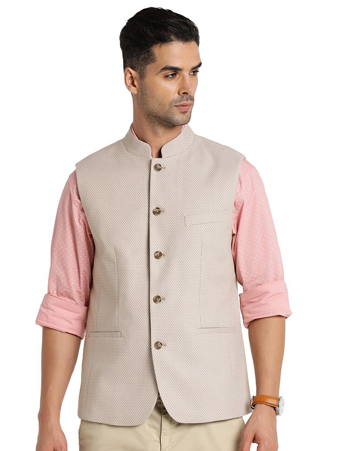 

Indian Terrain Mandarin Collar Cotton Linen Nehru Jacket, Beige