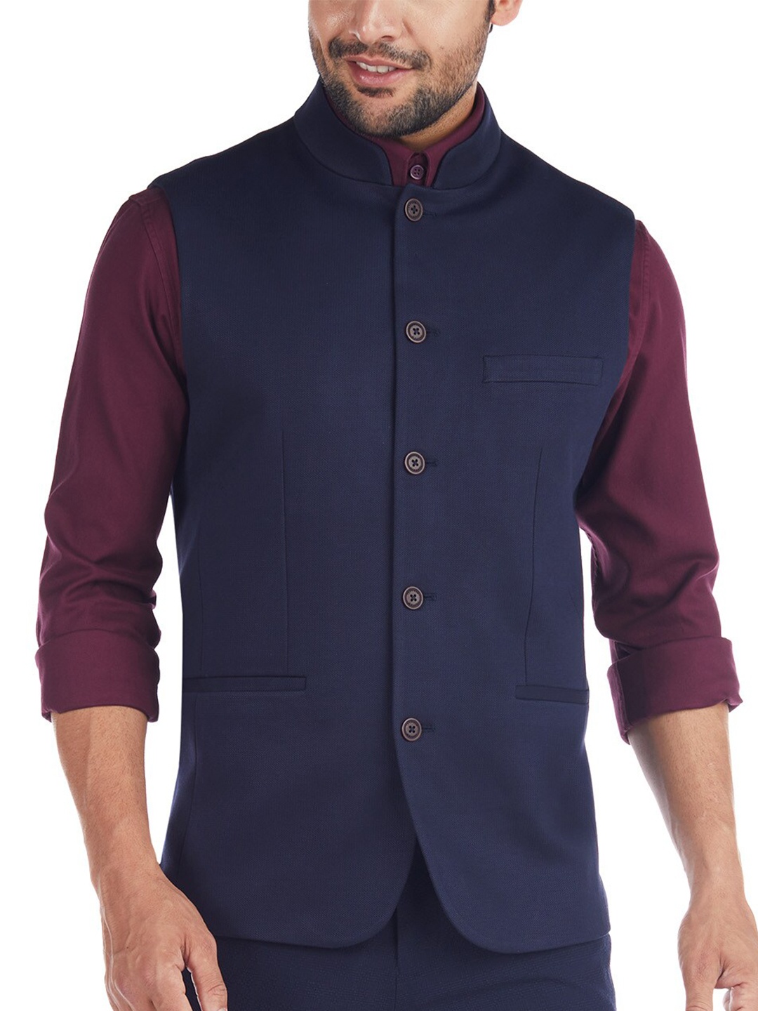 

Indian Terrain Mandarin Collar Nehru Jacket, Navy blue