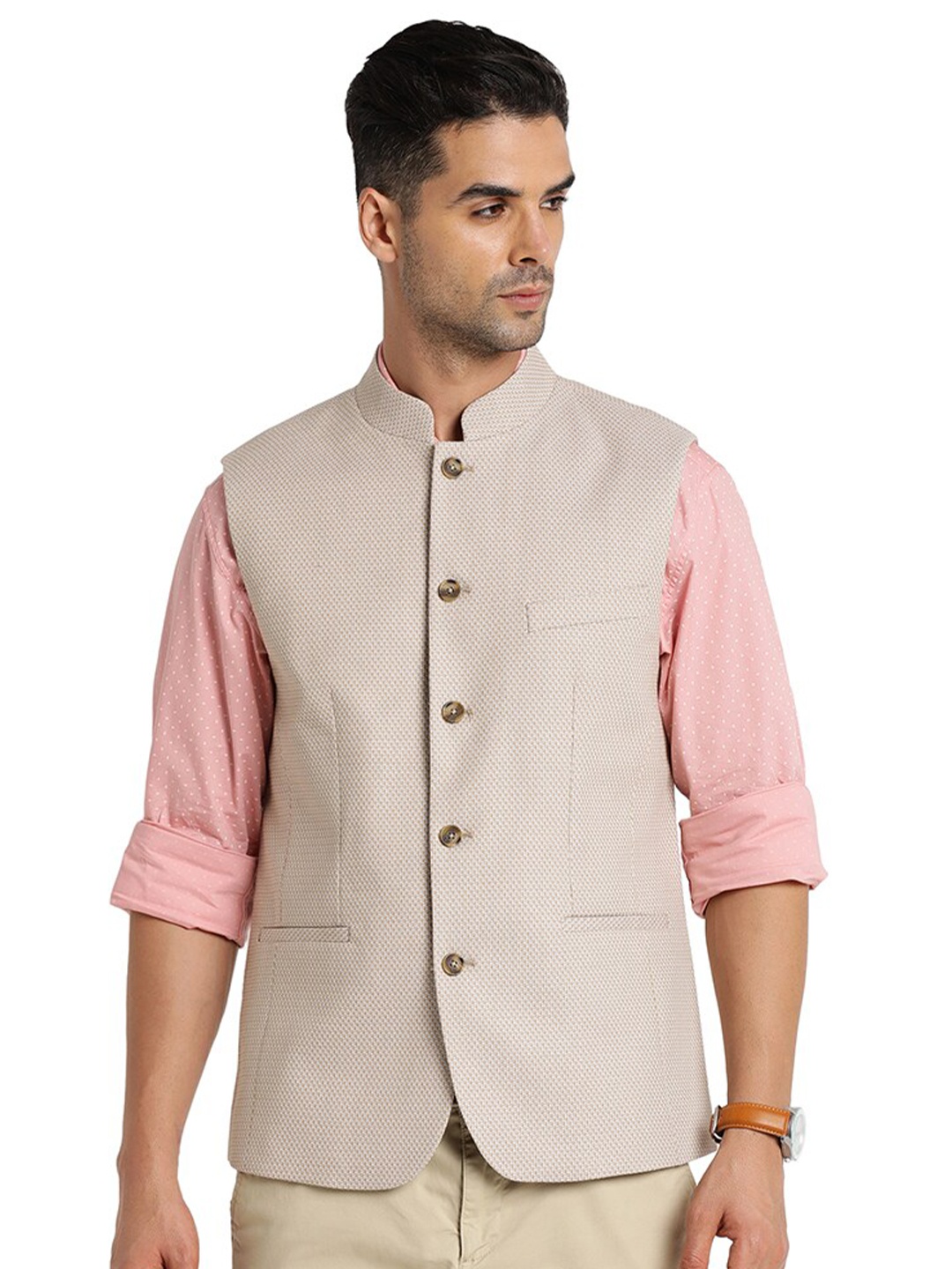 

Indian Terrain Mandarin Collar Cotton Linen Nehru Jacket, Beige
