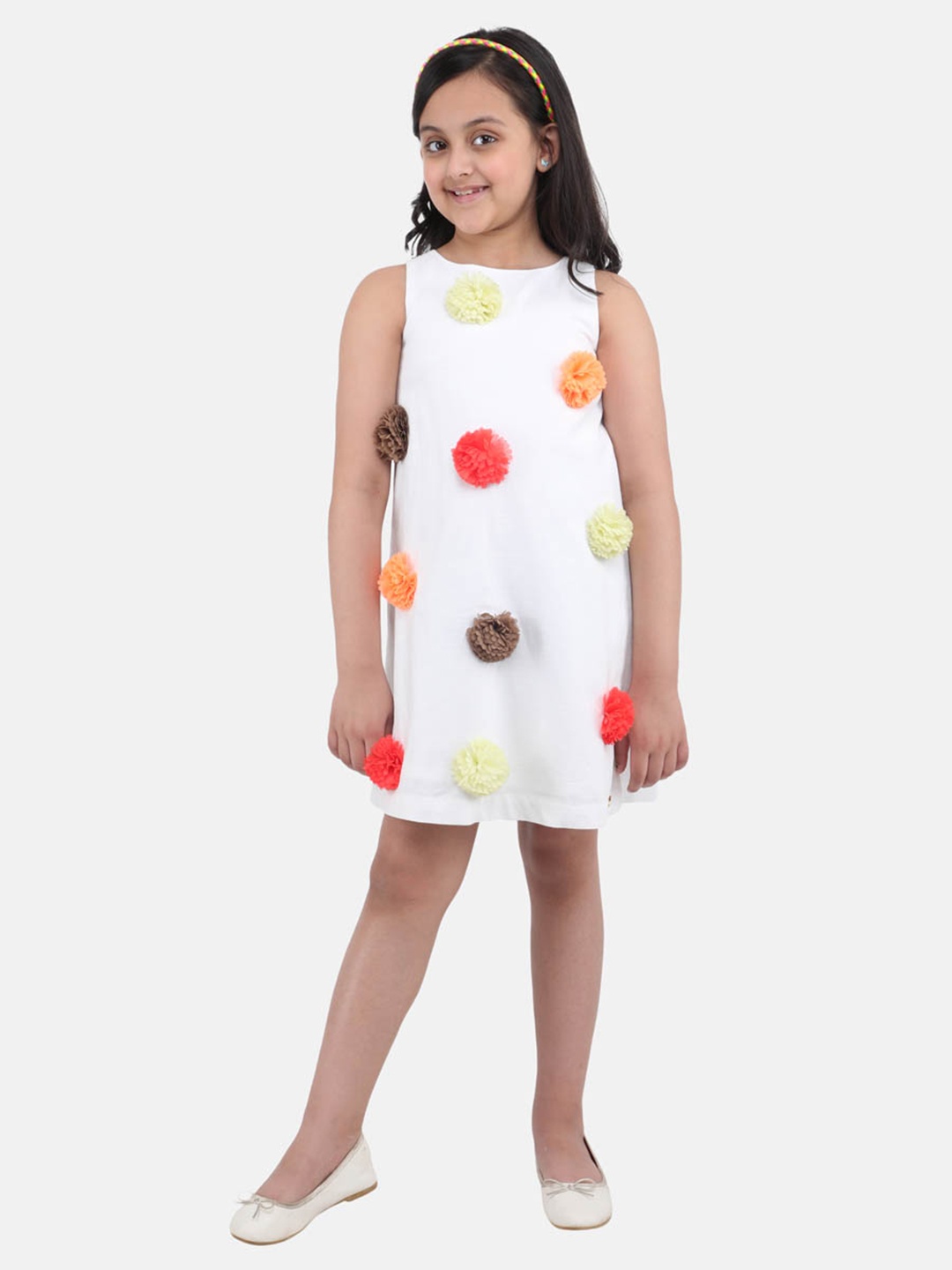 

One Friday Girls Pom Pom Embellished A-Line Dress, Off white