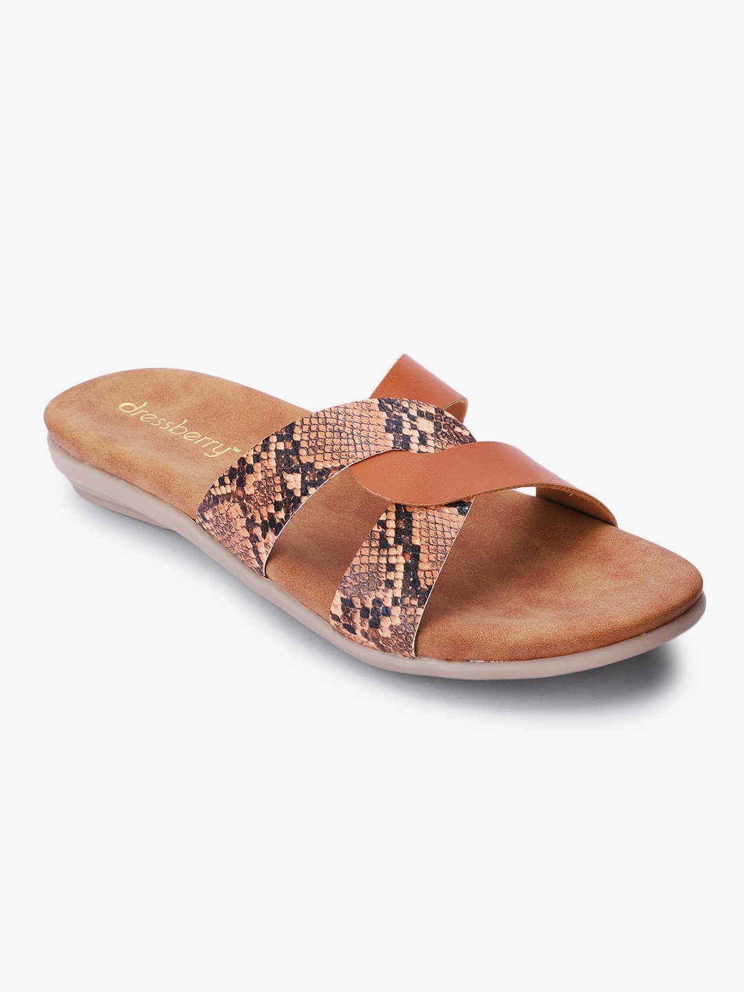 

DressBerry Printed Open Toe Flats, Tan