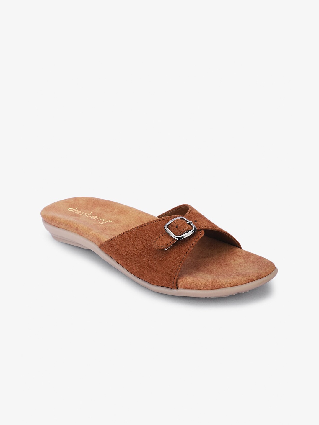 

DressBerry Tan Embellished Suede Open Toe Flats With Buckles