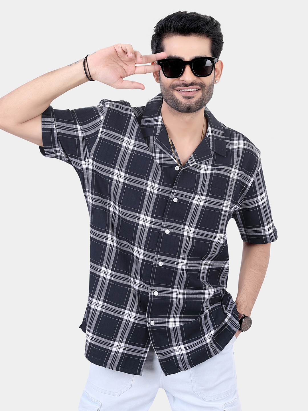 

VASTRADO Men Classic Checked Cuban Collar Oversized Cotton Casual Shirt, Black