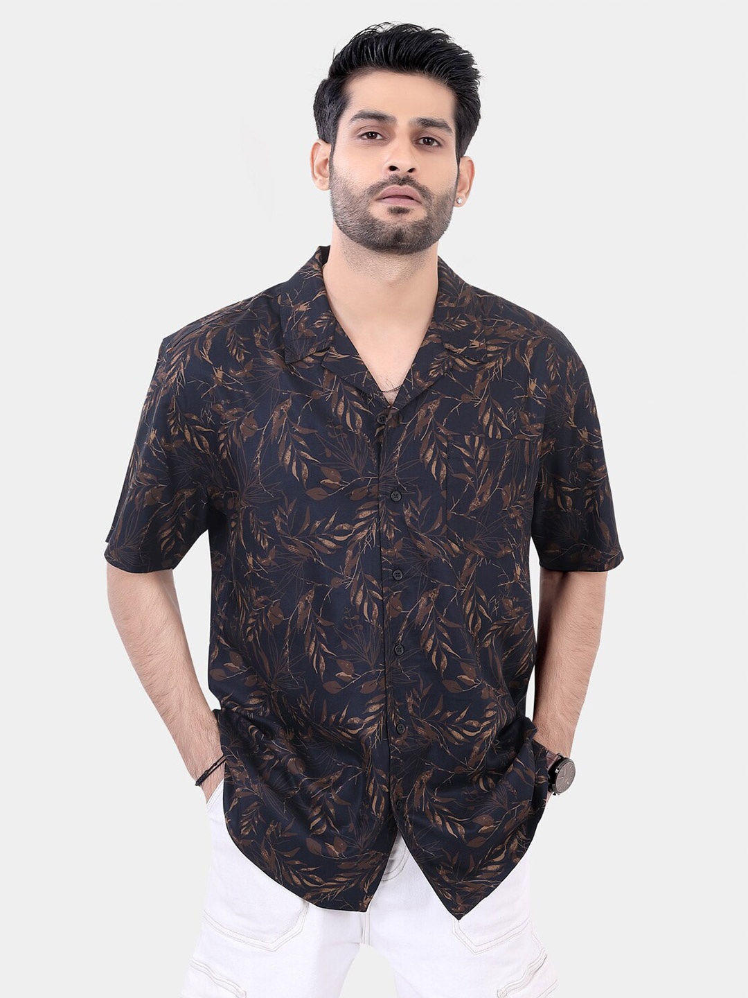 

VASTRADO Men Classic Floral Cuban Collar Oversized Cotton Casual Shirt, Black