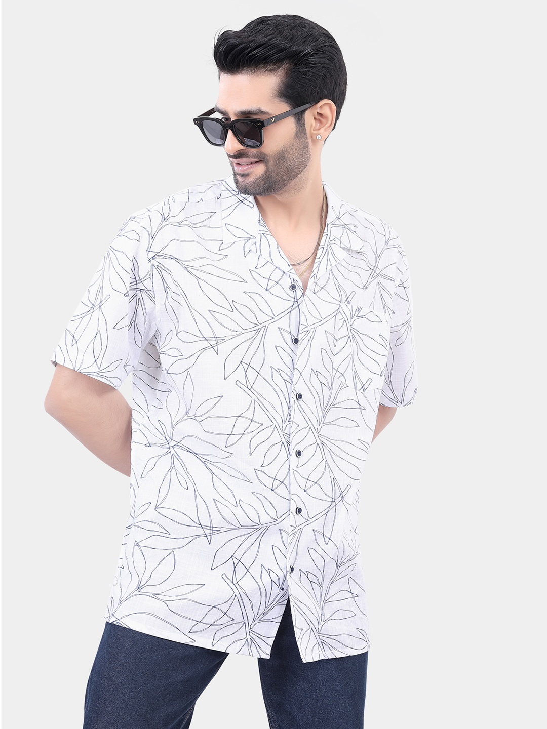 

VASTRADO Men Classic Printed Cuban Collar Oversized Cotton Casual Shirt, White