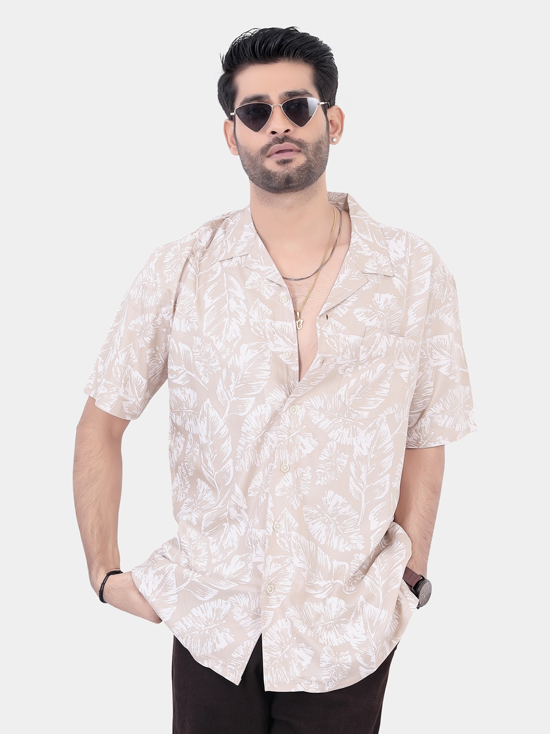 

VASTRADO Classic Oversized Floral Printed Cuban Collar Casual Shirt, Beige