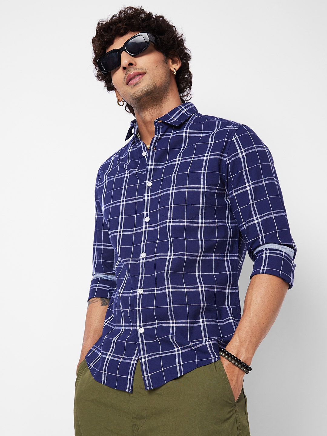 

VASTRADO Classic Slim Fit Tartan Checked Spread Collar Cotton Casual Shirt, Navy blue