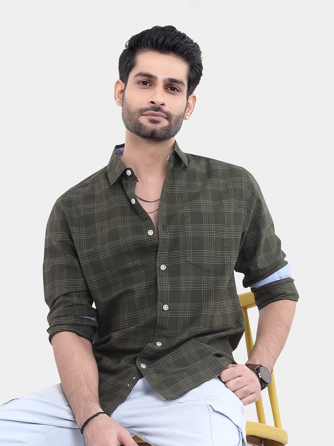 

VASTRADO Classic Slim Fit Tartan Checked Spread Collar Cotton Casual Shirt, Olive