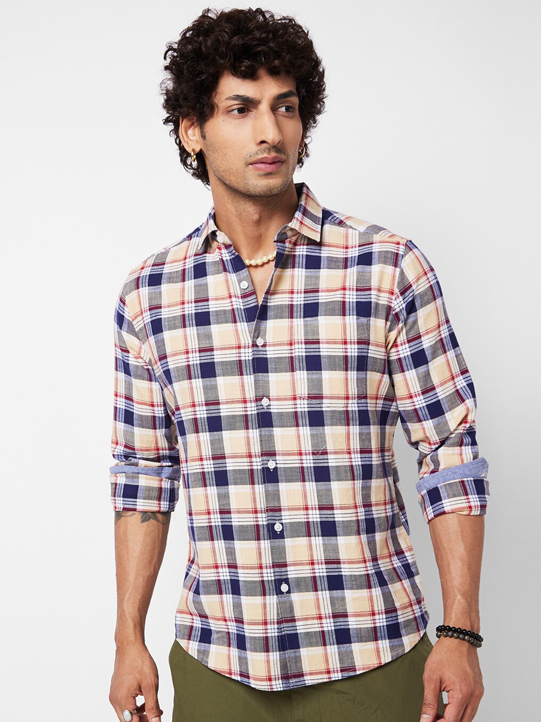 

VASTRADO Men Classic Slim Fit Tartan Checked Cotton Casual Shirt, Beige