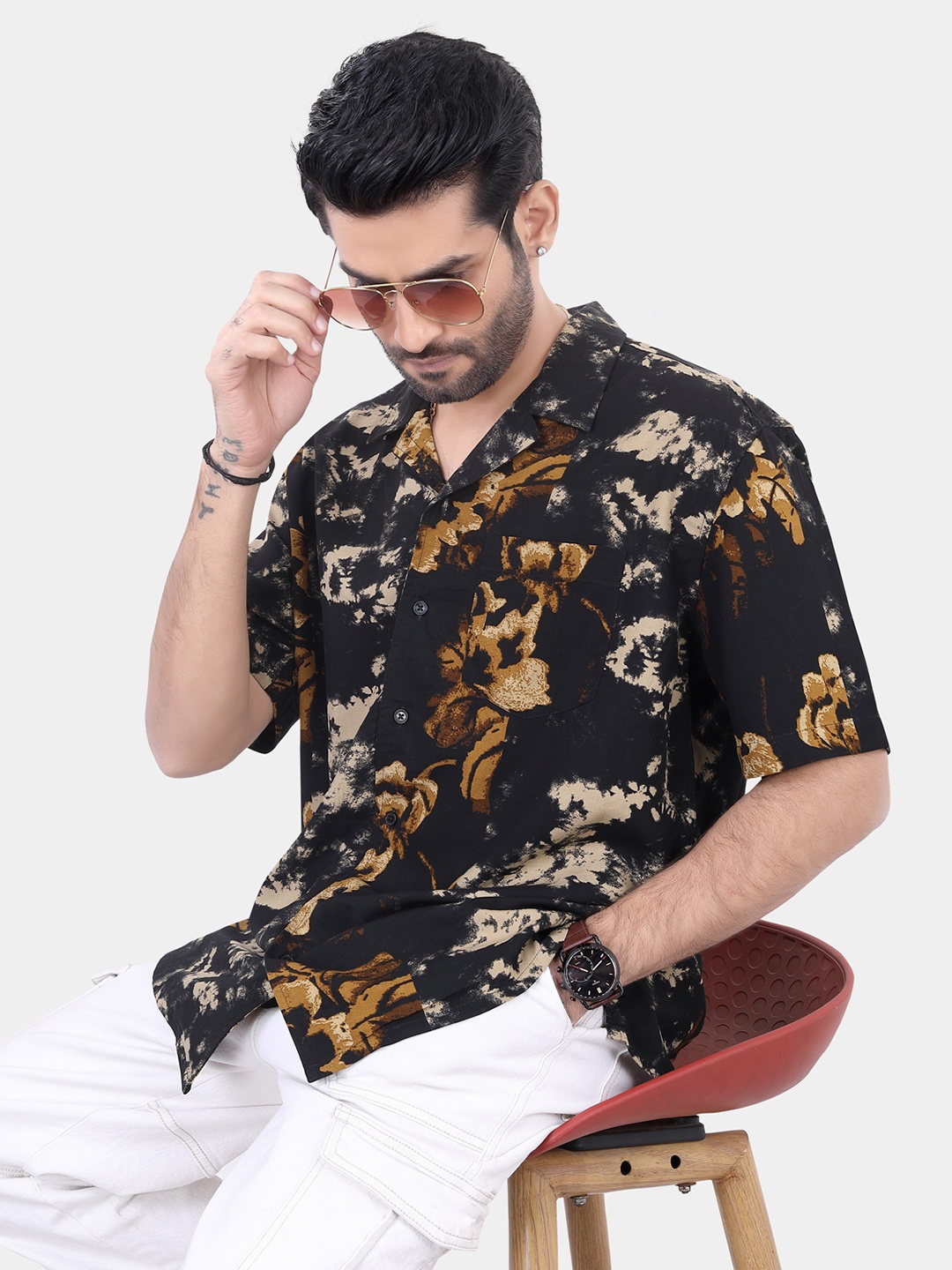 

VASTRADO Classic Oversized Floral Printed Cuban Collar Casual Shirt, Black