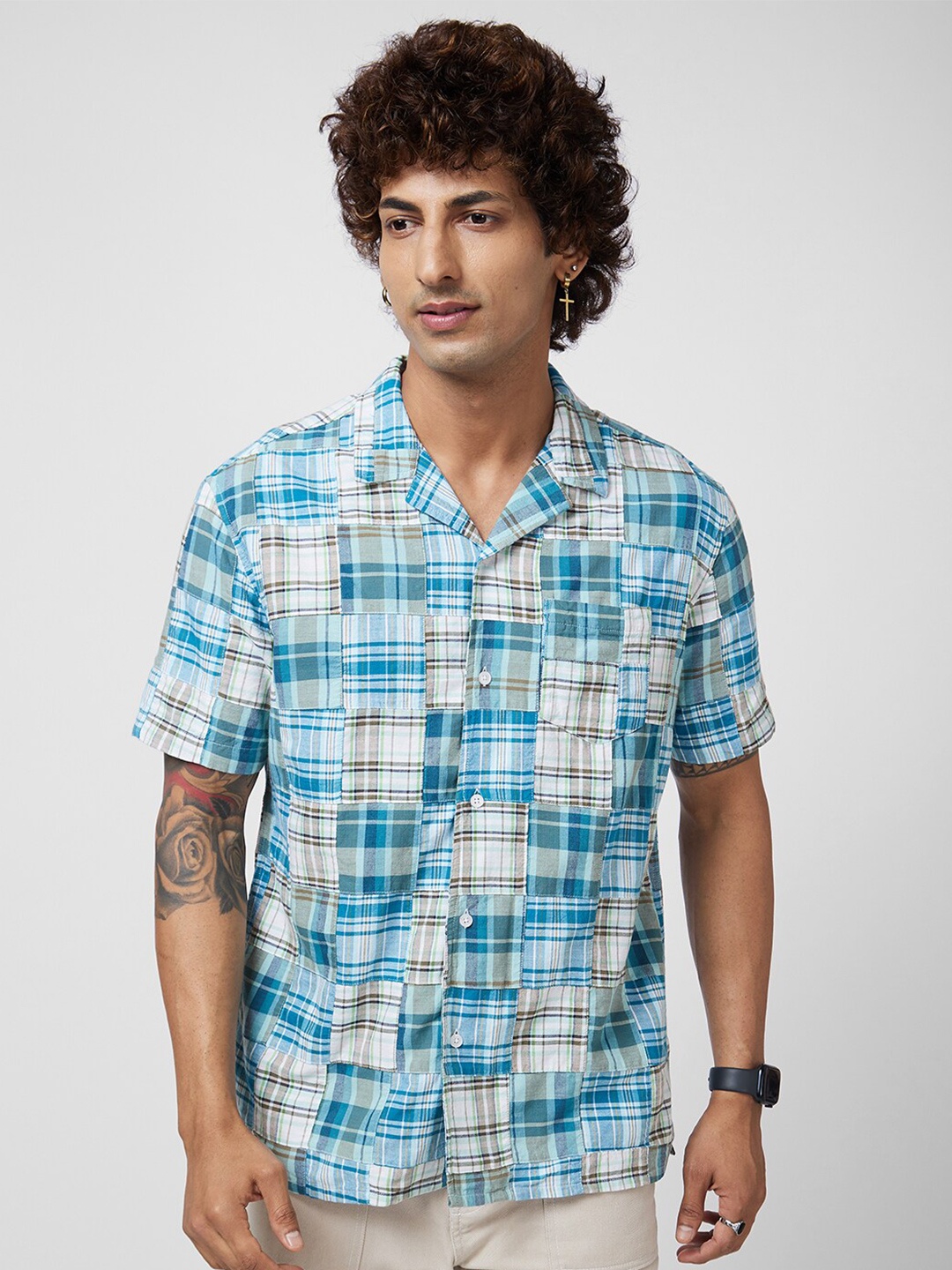 

VASTRADO Classic Tartan Checked Lapel Collar Oversized Cotton Casual Shirt, Turquoise blue