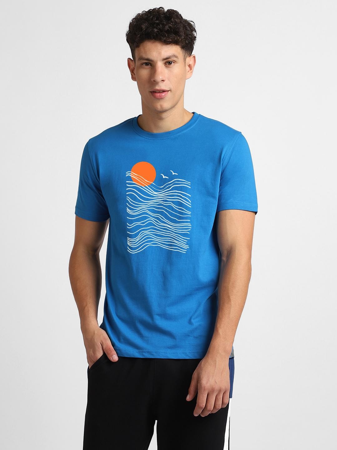 

NOBERO Men Graphic Printed Round Neck Cotton Regular Fit T-shirt, Blue