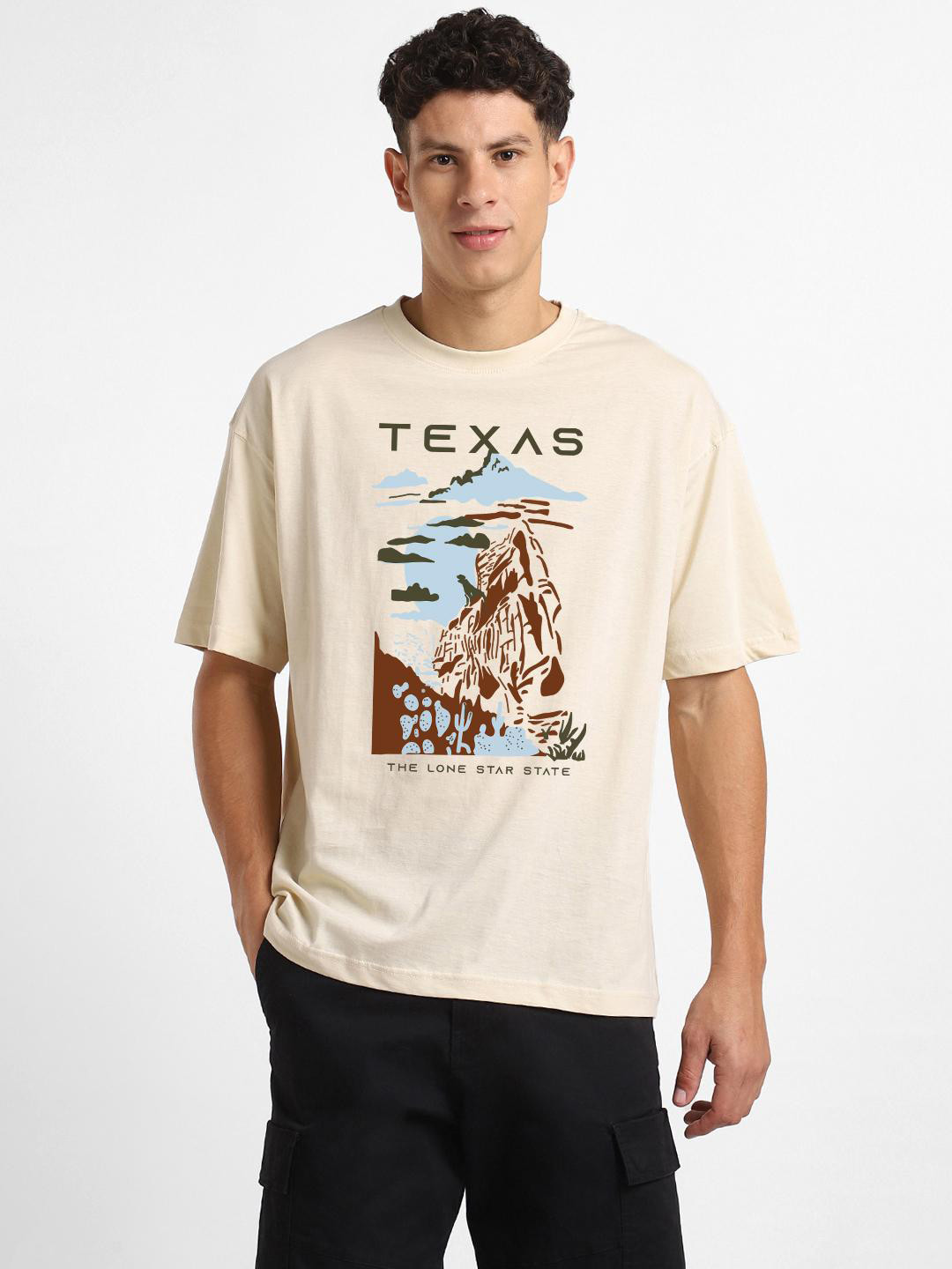 

NOBERO Graphic Printed Round Neck Applique Oversized T-shirt, Beige