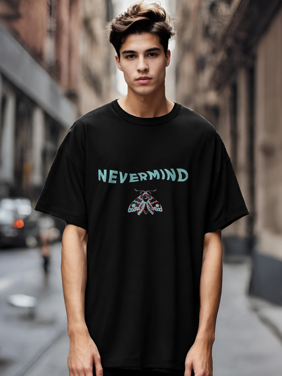 

NOBERO Men Typography Printed Drop Shoulder Sleeves Pure Cotton Oversized T-Shirt, Black