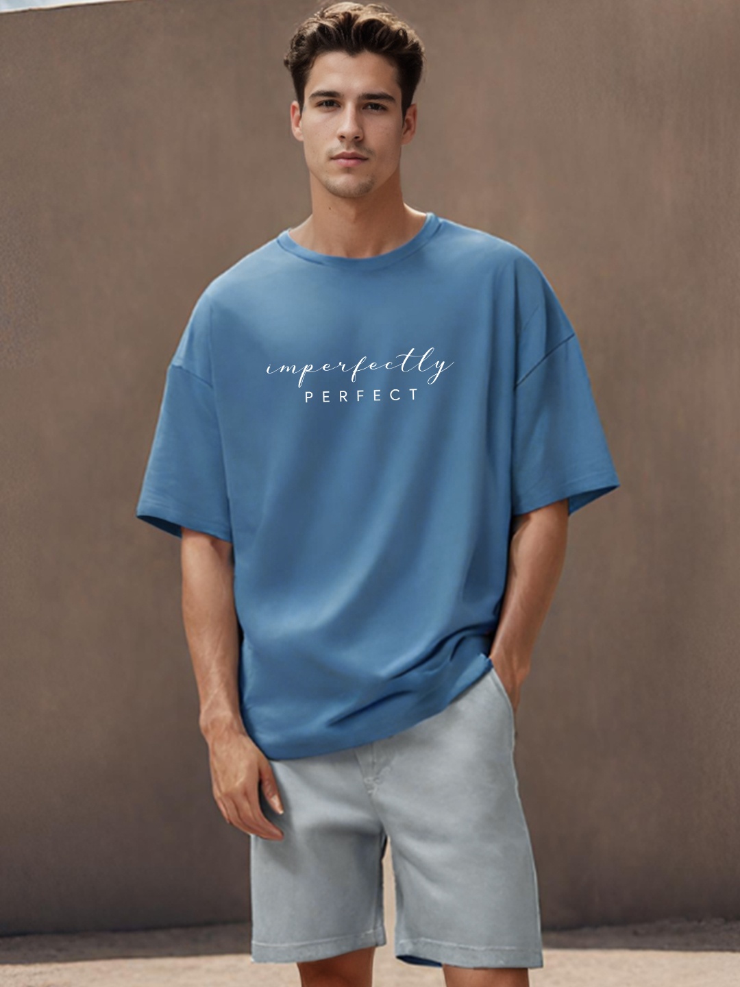 NOBERO Typography Printed Round Neck Oversized T-shirt, Blue