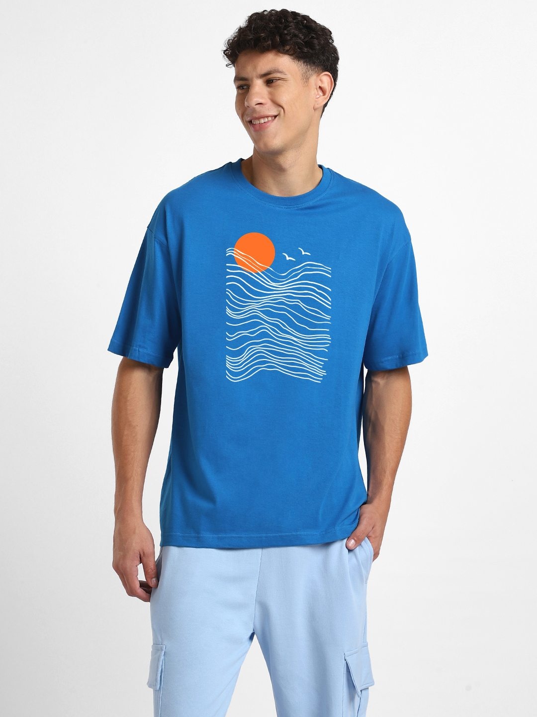 

NOBERO Men Graphic Printed Round Neck Applique Oversized T-shirt, Blue