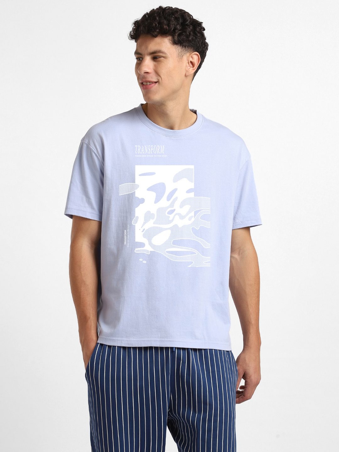

NOBERO Graphic Printed Round Neck Oversized T-shirt, Blue