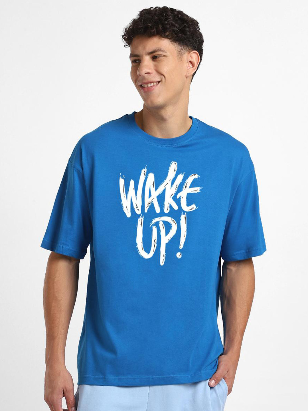 

NOBERO Graphic Printed Round Neck Applique Cotton Oversized T-shirt, Blue