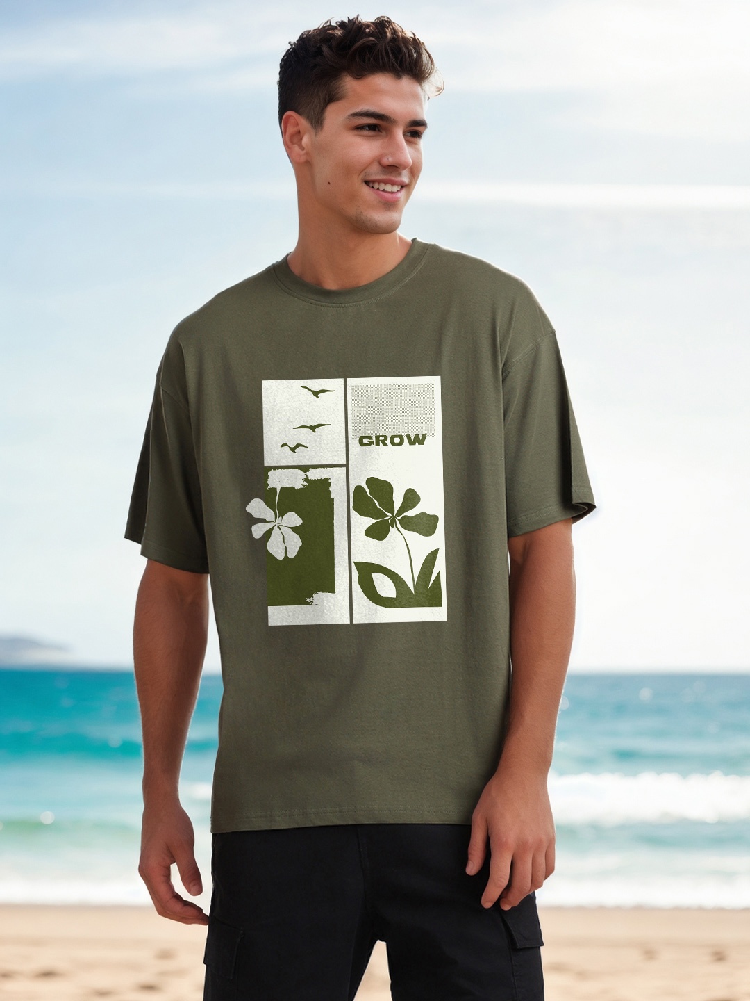 

NOBERO Typography Printed Drop Shoulder Sleeves Pure Cotton Oversized T-Shirt, Olive