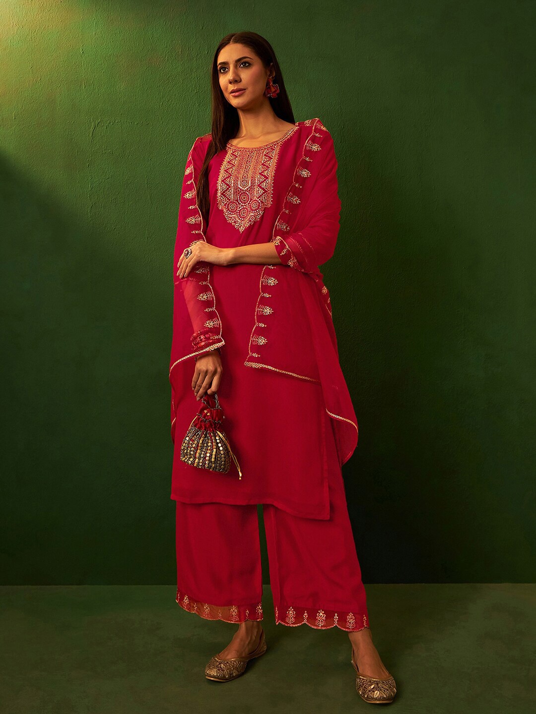 

Sangria Ethnic Motifs Yoke Embroidered Straight Kurta & Palazzos With Dupatta, Red