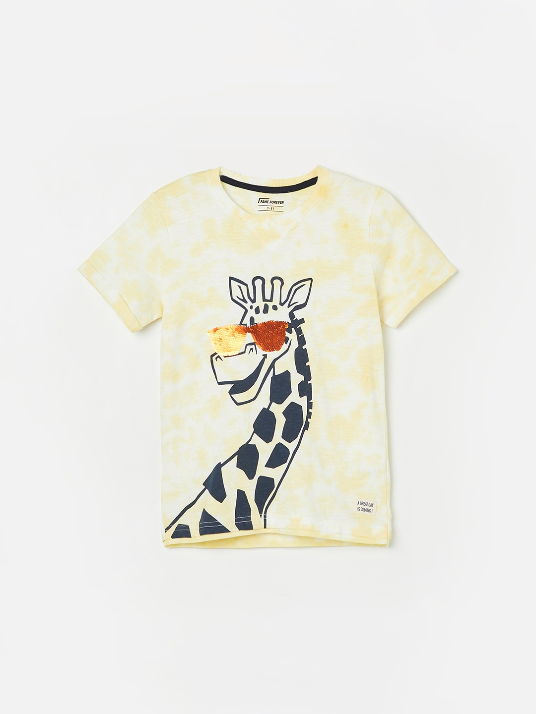 

Fame Forever by Lifestyle Boys Graphic Printed Cotton Round Neck Tropical Pockets T-shirt, Yellow