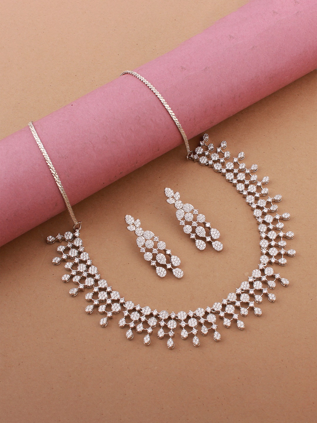 

Mirana Rhodium-Plated Cubic Zirconia-Studded Jewellery Set, Silver