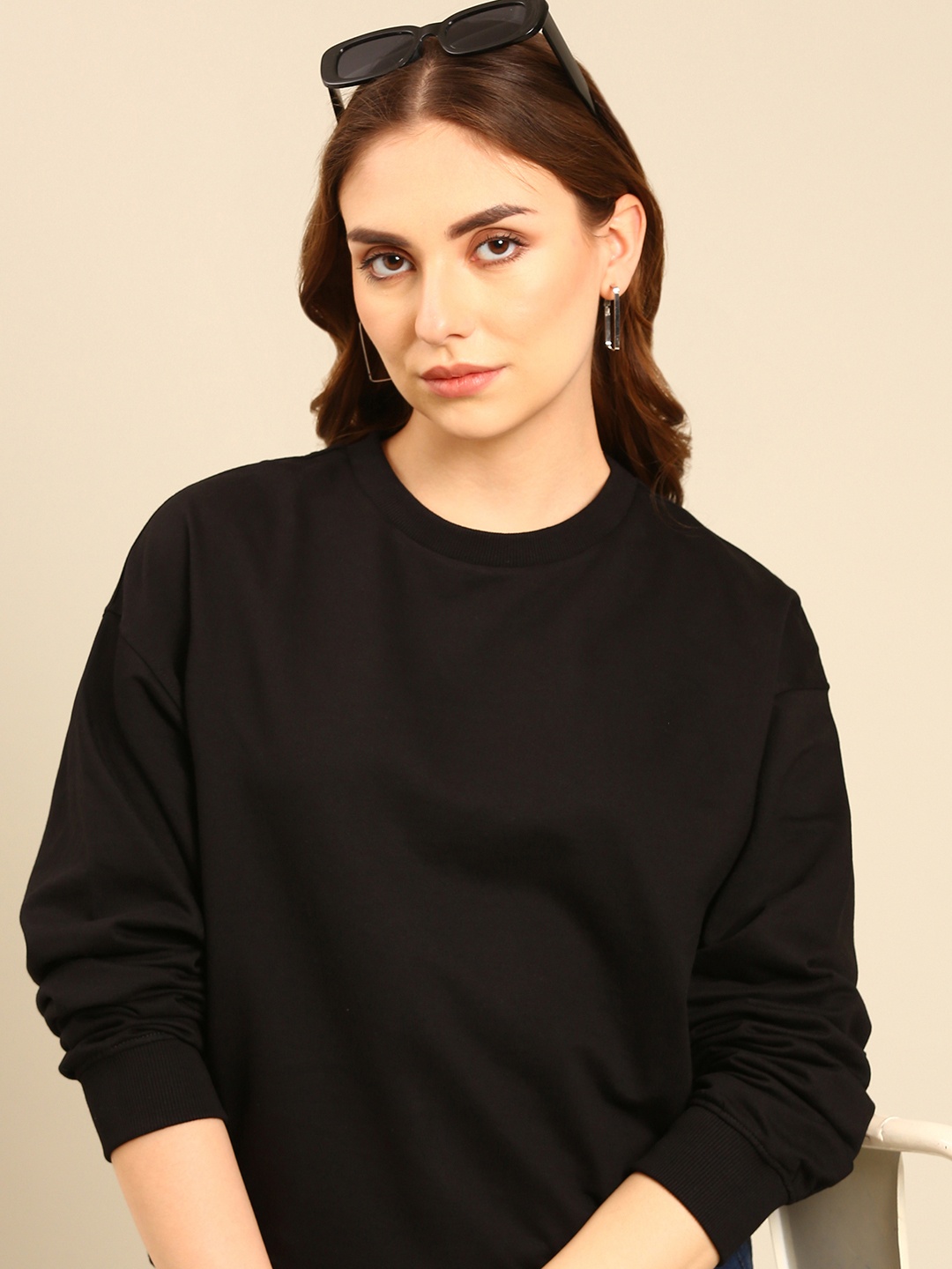 

Mast & Harbour Drop Shoulder Sleeves Pure Cotton Oversized Pullover, Black