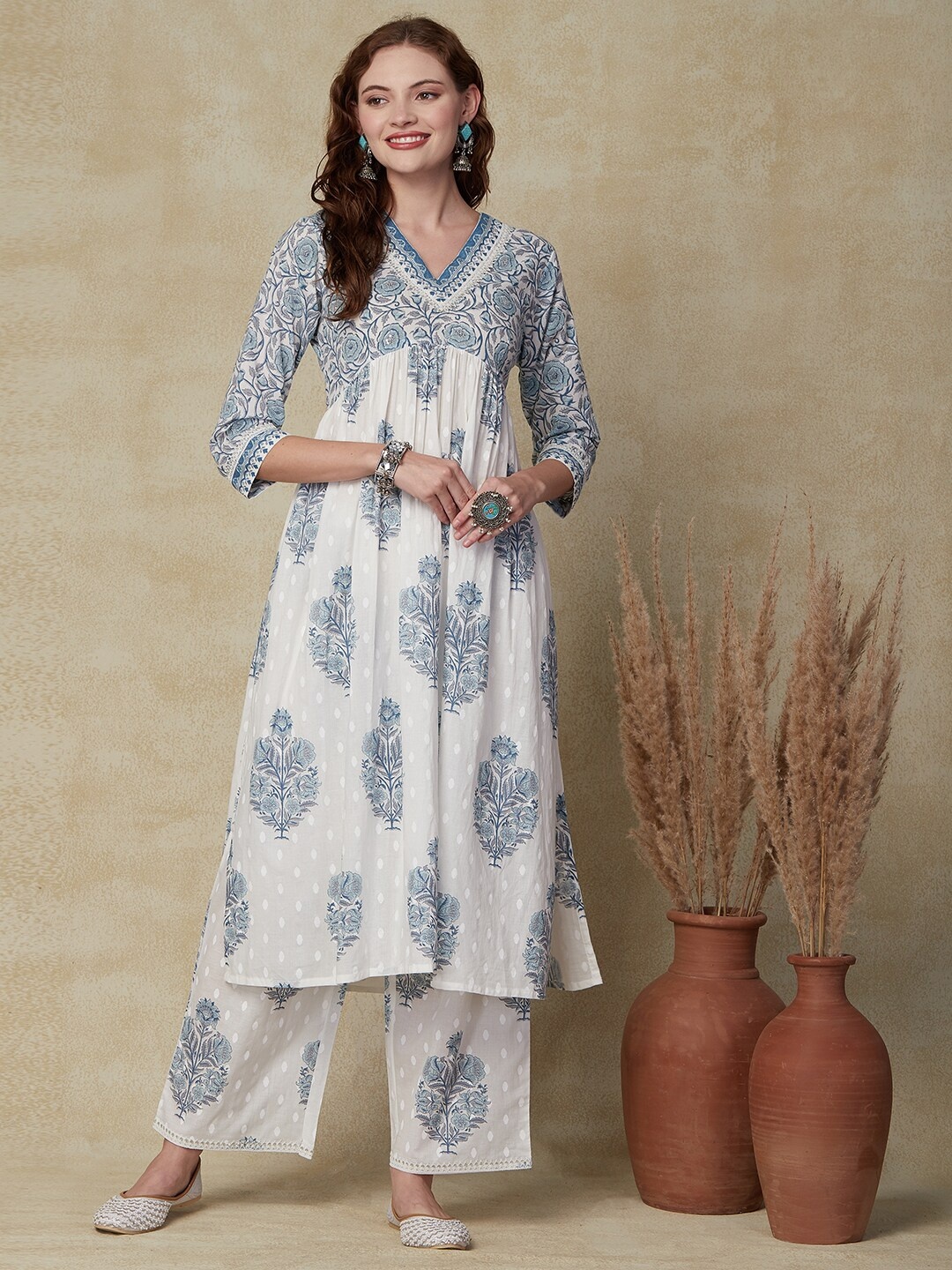 

FASHOR Floral Printed Pure Cotton Pleated A-Line Kurta With Palazzos, Off white