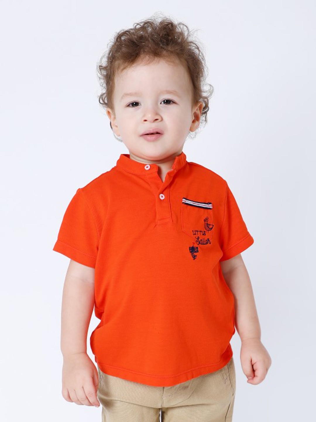 

One Friday Boys Mandarin Collar Cotton Applique T-shirt, Orange