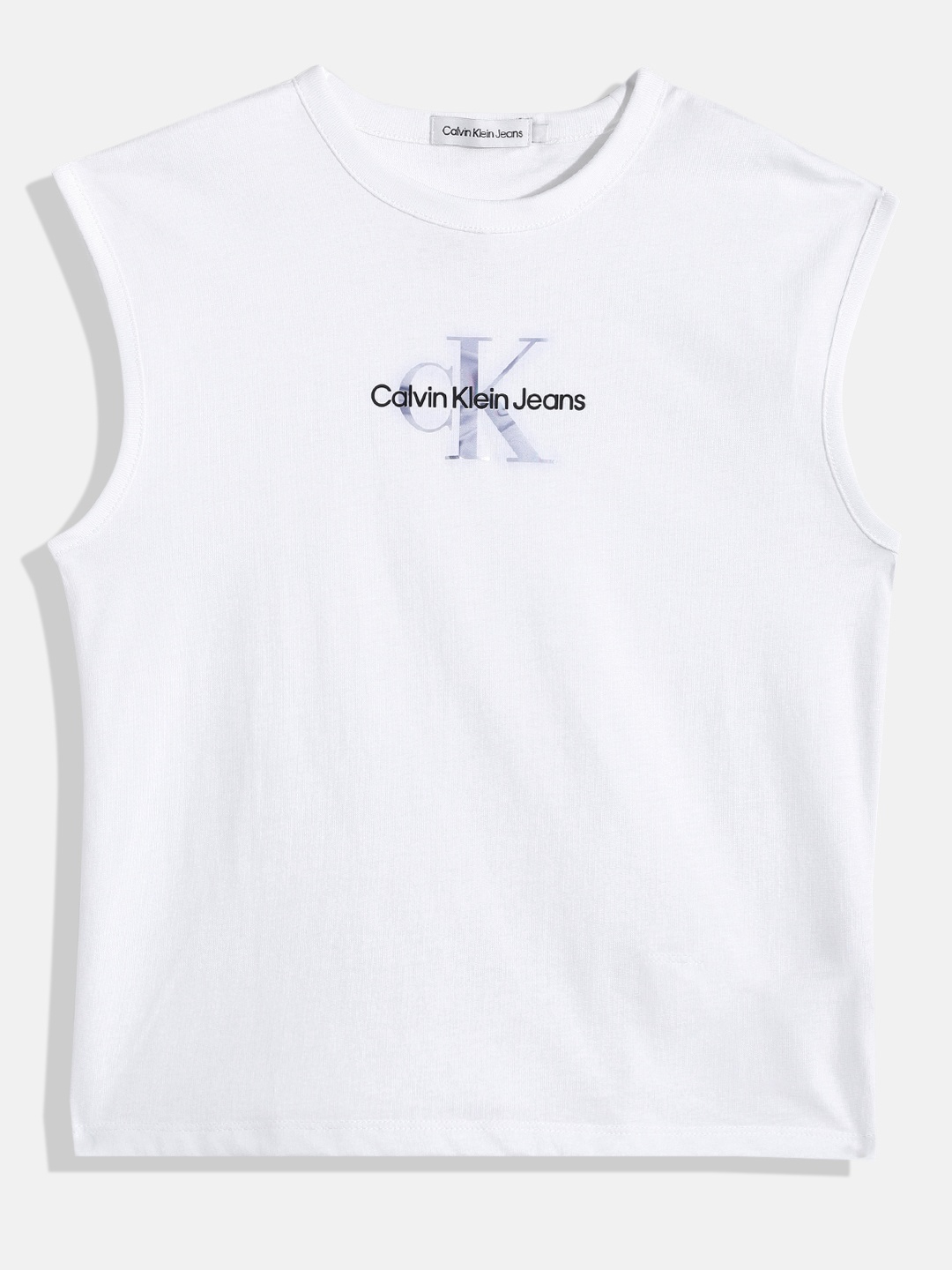 

Calvin Klein Jeans Unisex Kids Brand Logo Print Pure Cotton Relaxed Fit Tank T-shirt, White