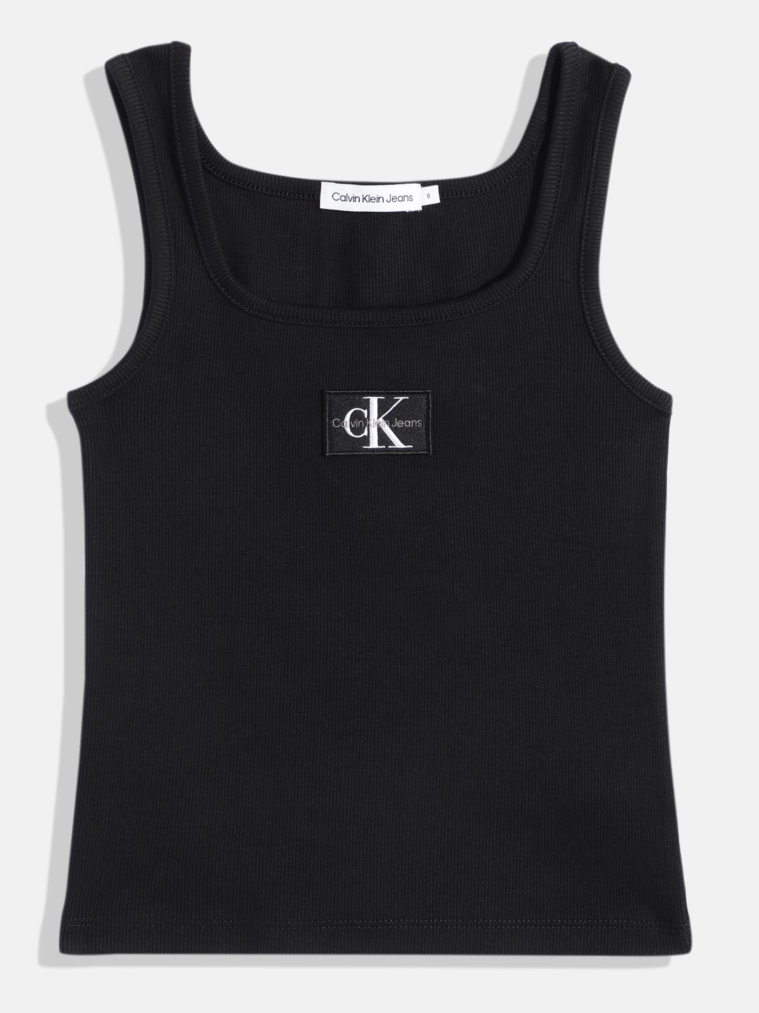 

Calvin Klein Jeans Girls Ribbed Square Neck Brand Logo Applique Knitted Top, Black