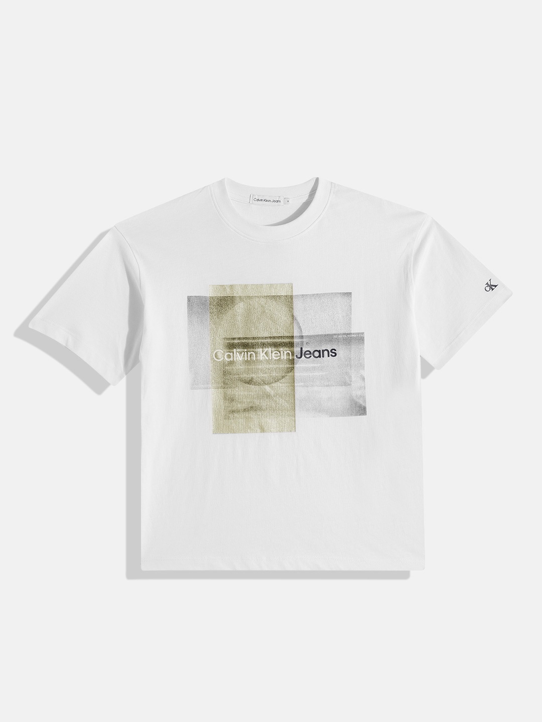 

Calvin Klein Jeans Boys Printed Drop-Shoulder Sleeves Pure Cotton T-shirt, White