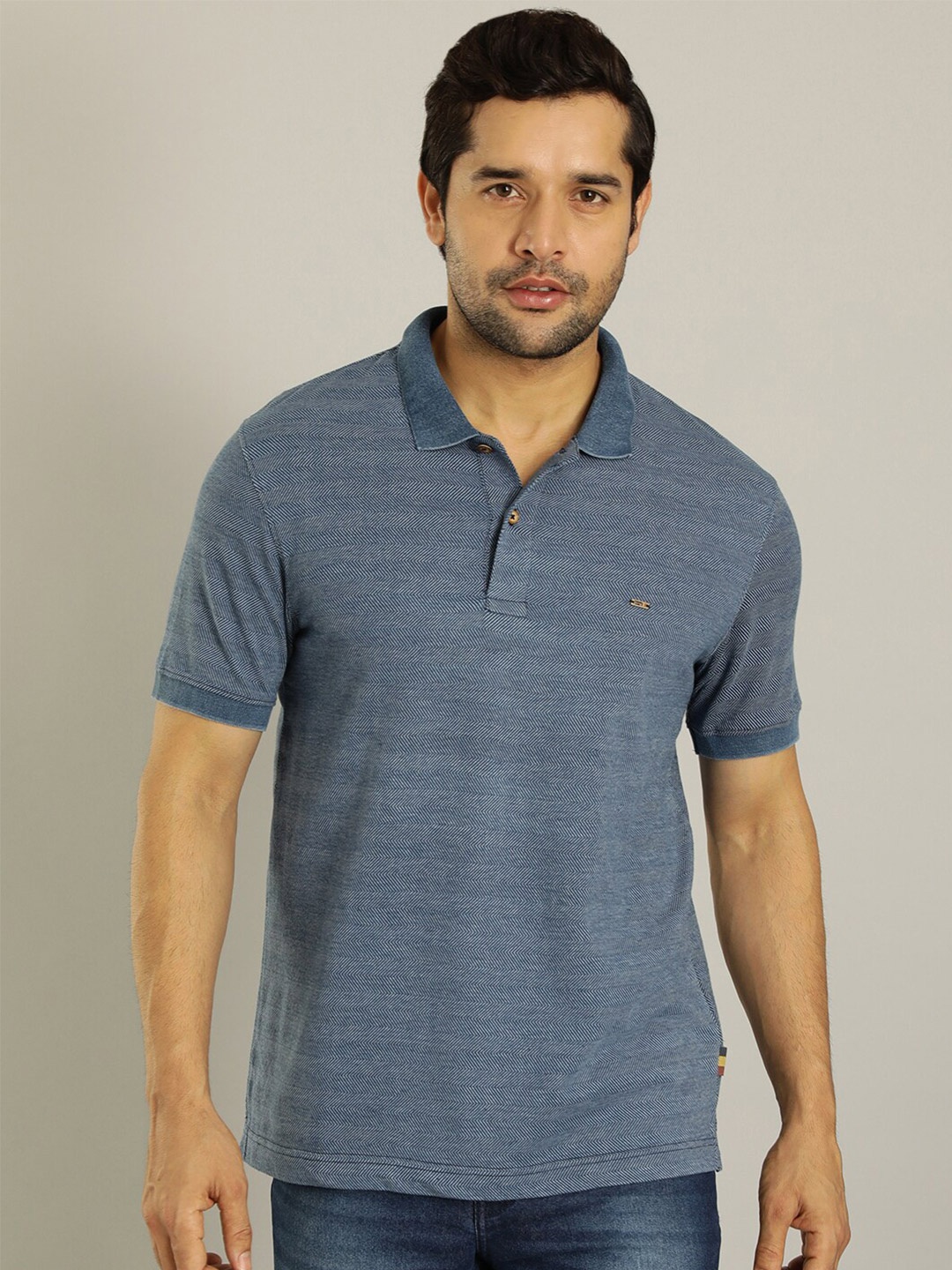 

Indian Terrain Striped Polo Collar Cotton T-shirt, Navy blue