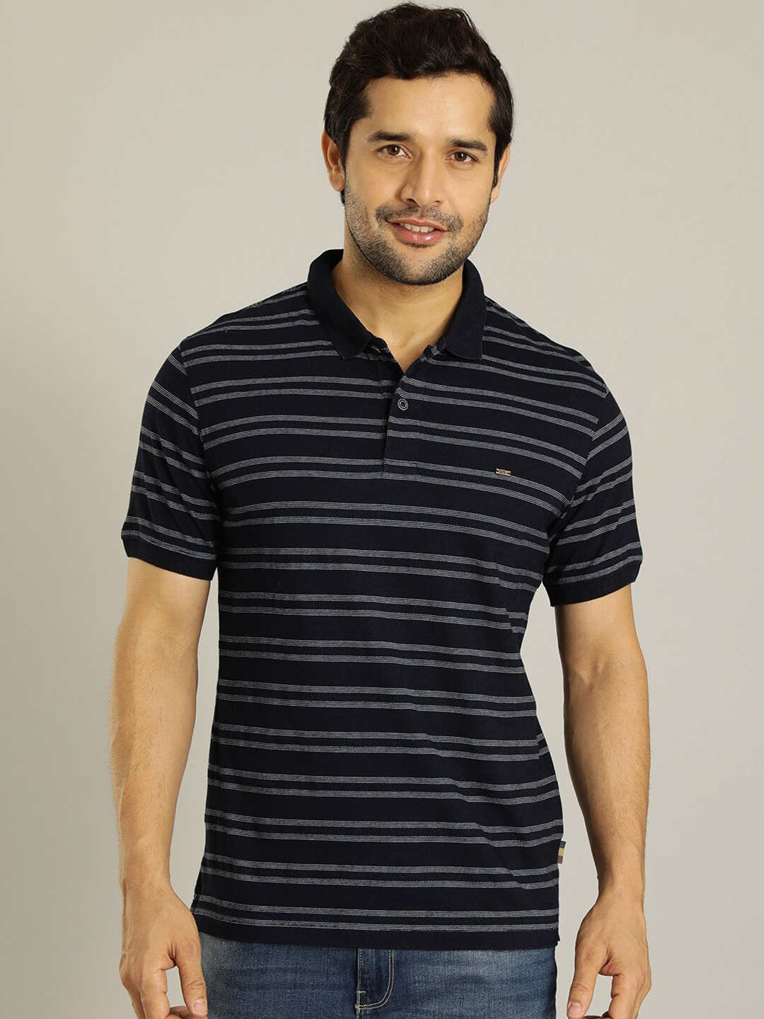 

Indian Terrain Striped Polo Collar Pure Cotton T-shirt, Navy blue