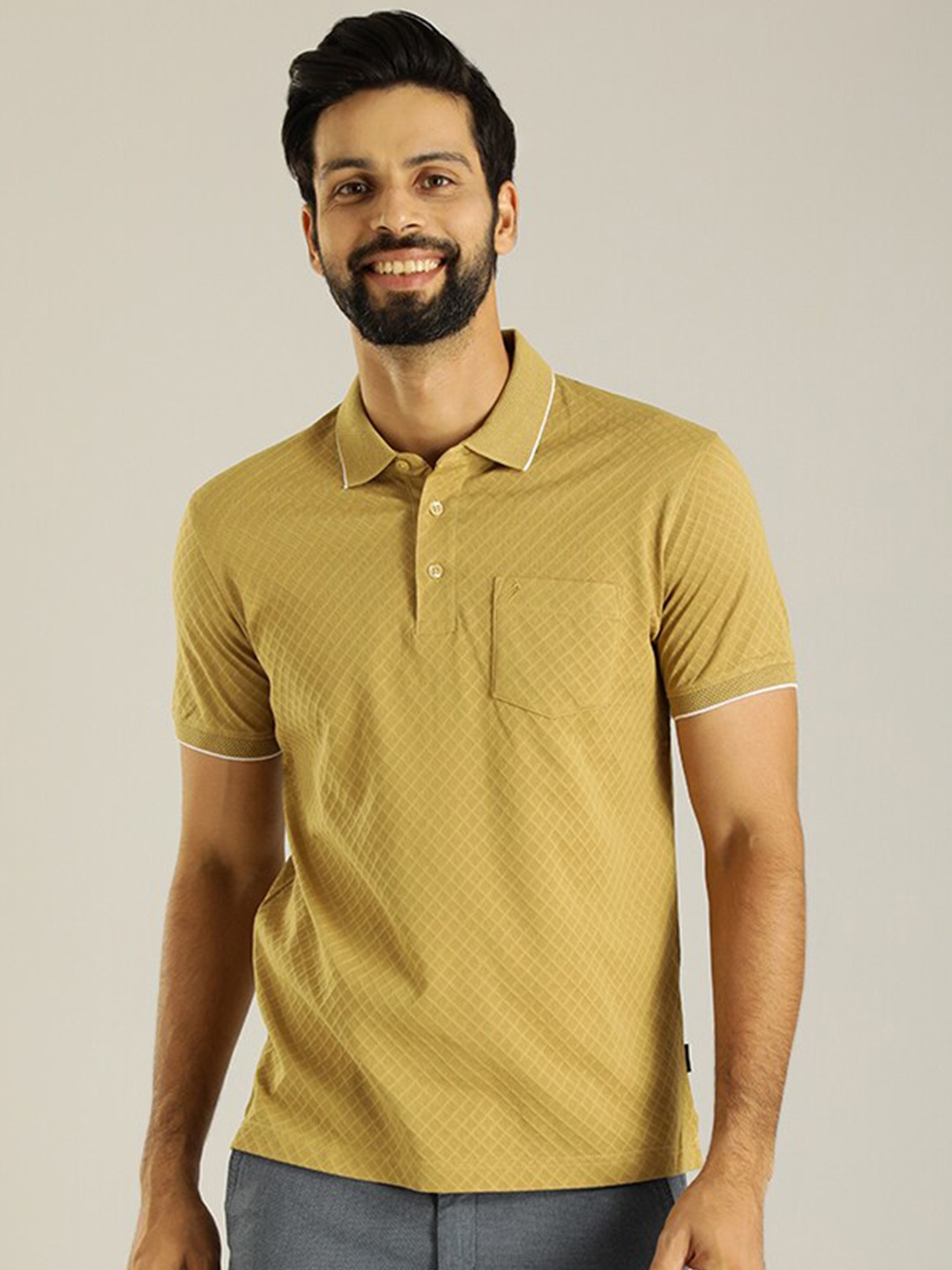 

Indian Terrain Geometric Self Design Polo Collar Pockets Cotton Detail T-shirt, Mustard
