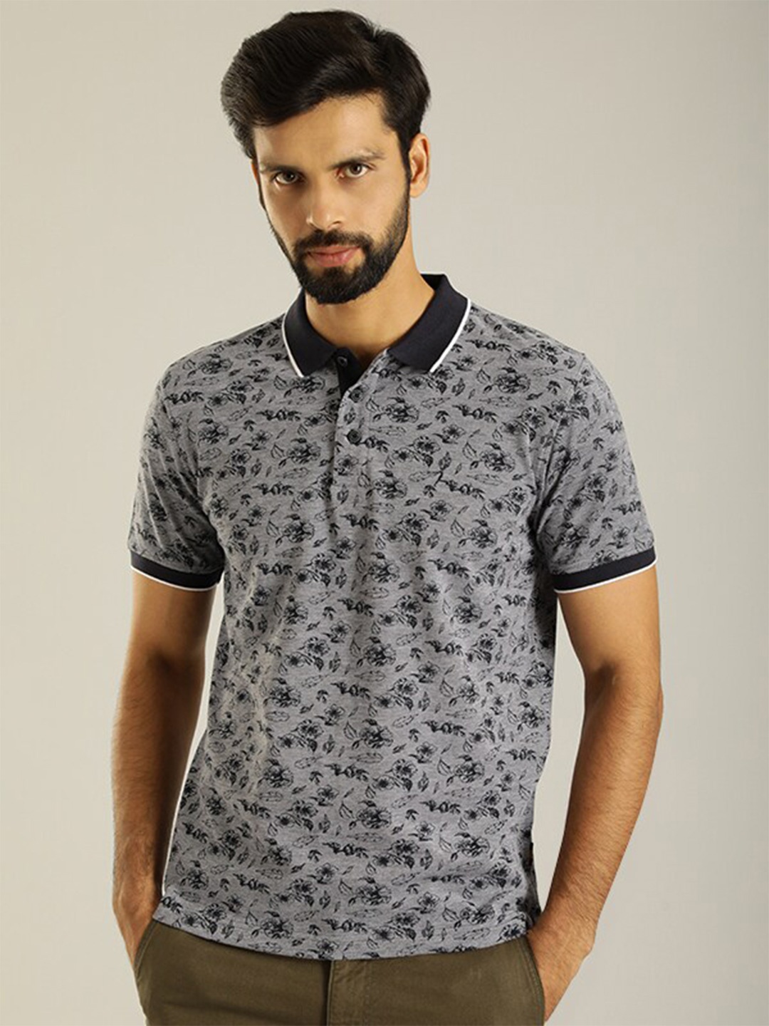 

Indian Terrain Floral Printed Polo Collar Pure Cotton T-shirt, Navy blue