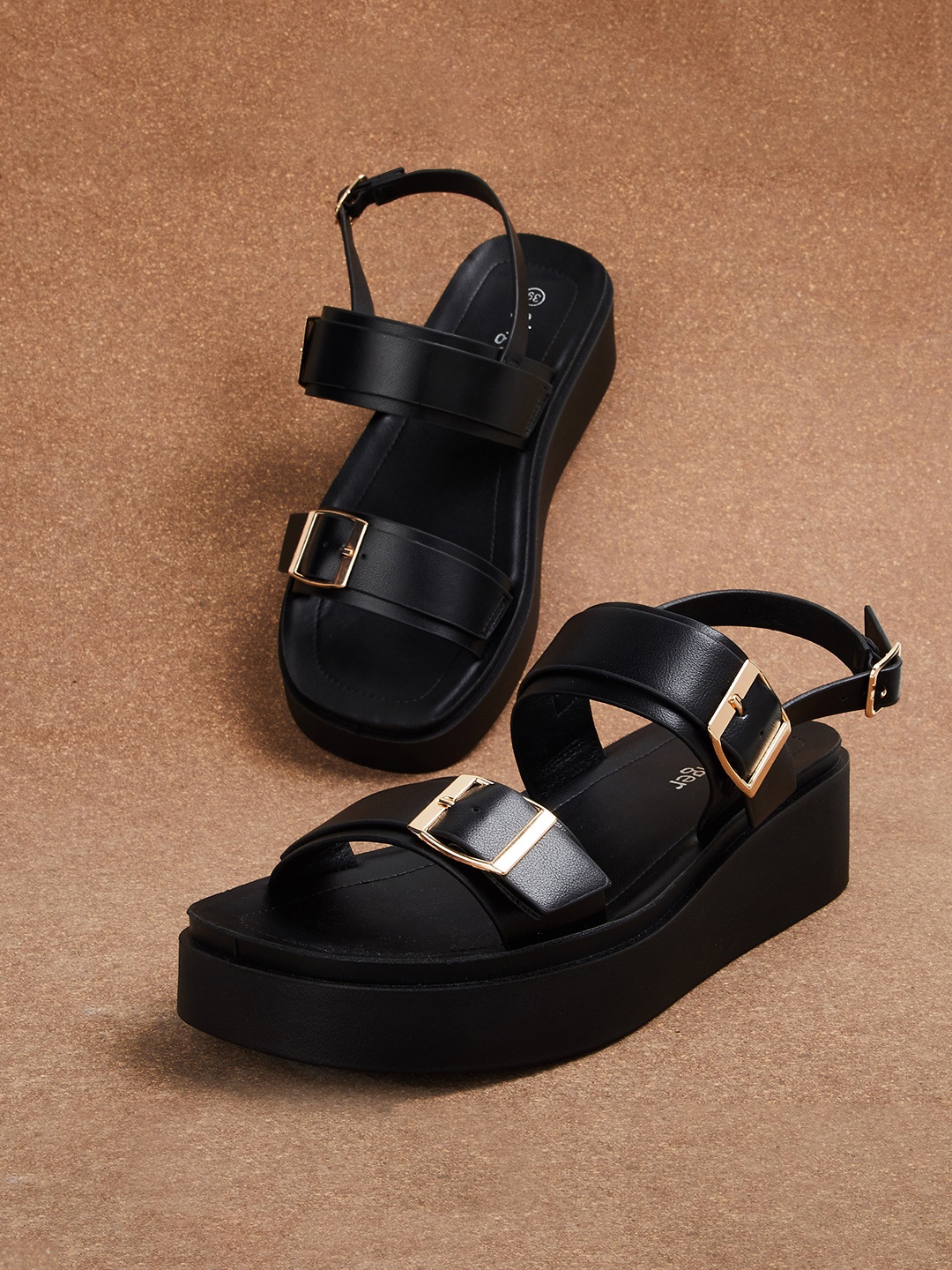 

CODE by Lifestyle Open Toe Buckles Backstrap Flatform Heels, Black
