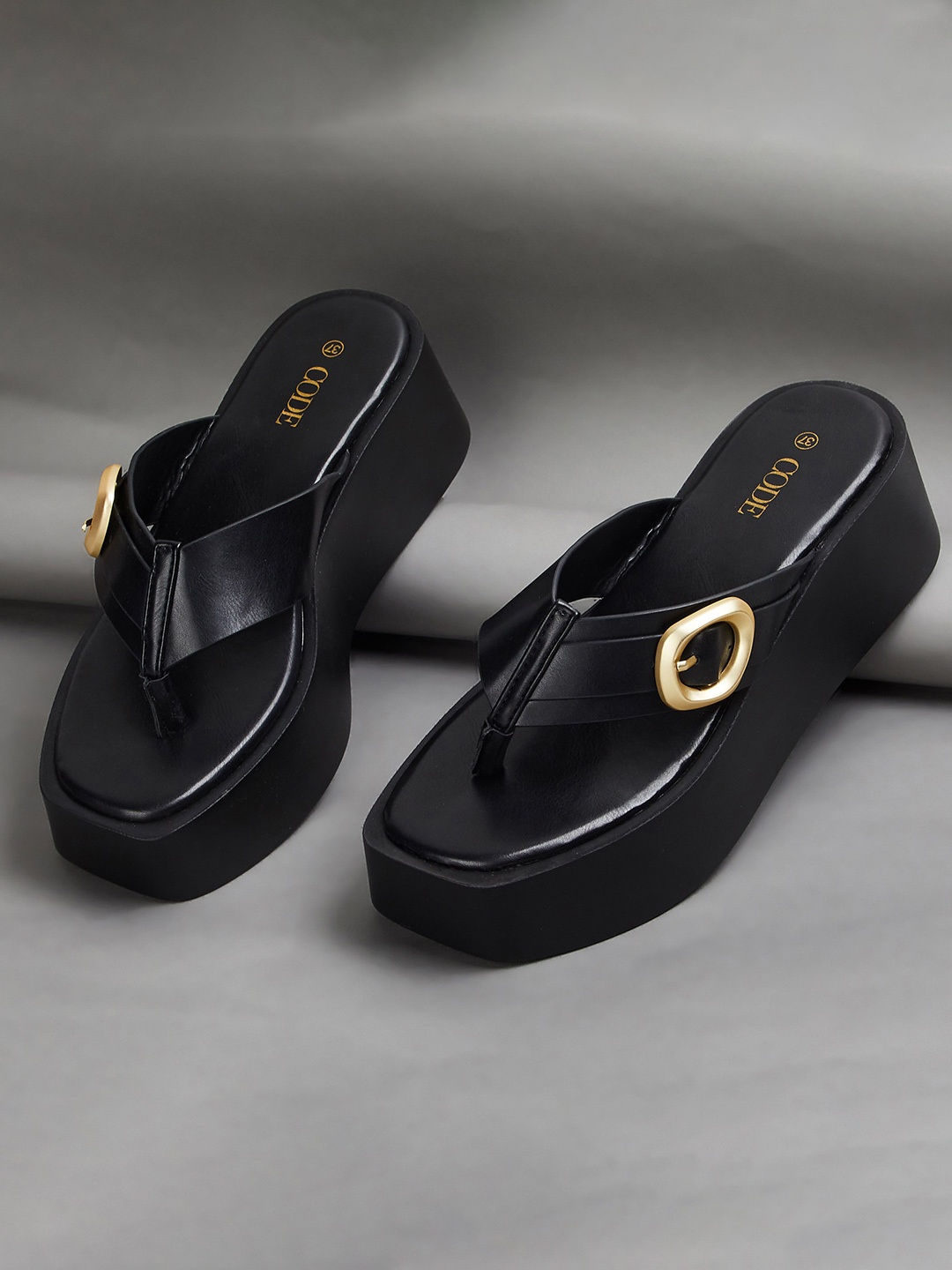 

CODE by Lifestyle Buckle Detailed Flatform Heels, Black