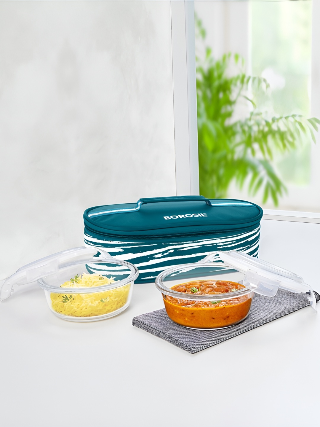 

BOROSIL 2 Pieces Teal Blue & Transparent Round Glass Lunch Box 320 ml With Bag