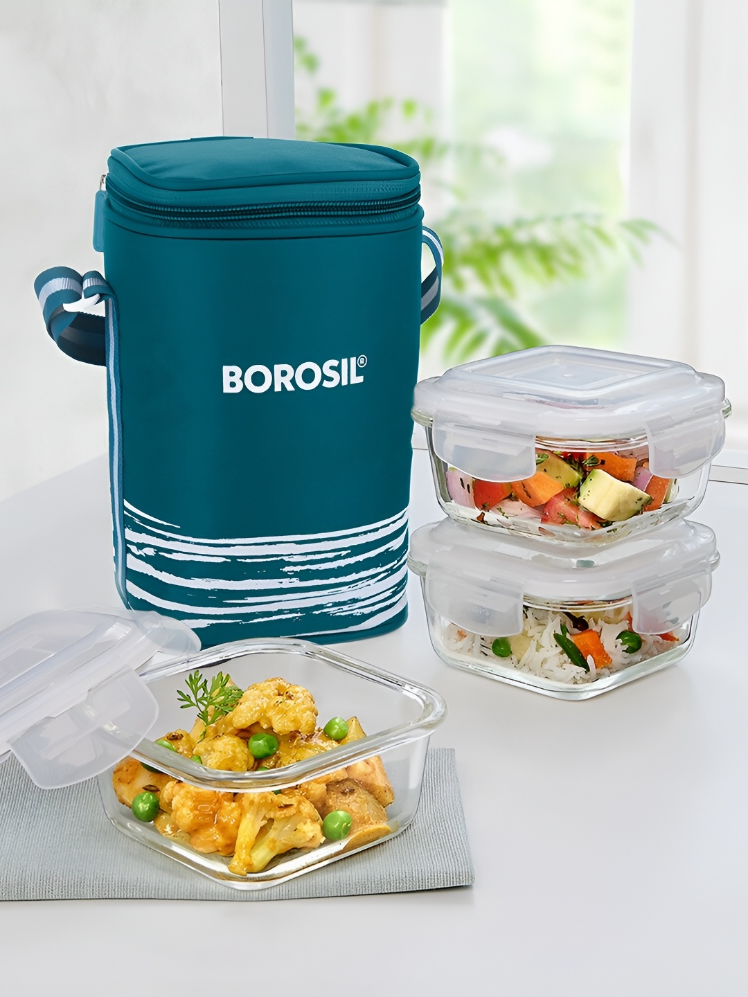 

BOROSIL 3 Pieces Teal Blue & Transparent Square Glass Lunch Box 320 ml With Bag